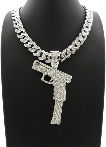 Miniatura 2 de Pyramid Jeweler Colgante de pistola de oro o plata para hombre Hip Hop y cadena de gargantilla cubana de Miami de 0.472in, Metal, Circonia cúbica