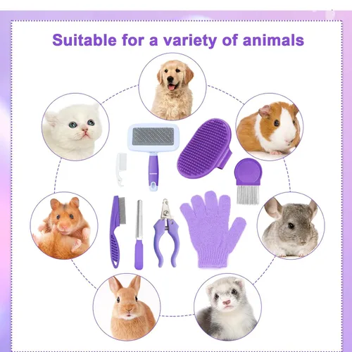 Miniatura 3 de VCZONE Kit de aseo para animales pequeños de 8 piezas, kit de aseo para conejos con cortaúñas y lima para mascotas, peine antipulgas, cepillo