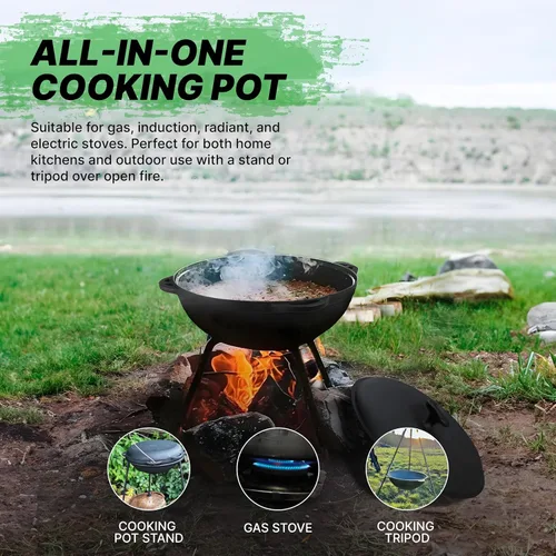Miniatura 3 de Kazán kazán uzbeko de hierro fundido kazán para hacer Plov utensilios de cocina con aislamiento de doble asa de boca ancha, horno holandés de hierro