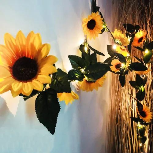 Miniatura 2 de Guirnalda de girasoles artificiales con luces preiluminadas, decoración de girasol de 16.5 pies, enredaderas falsas, flores colgantes, guirnalda