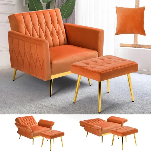 Miniatura 10 de Silla de terciopelo Accent con apoyabrazos y respaldo ajustables, sillón de ocio con botones acolchados, sillón reclinable individual con otomano