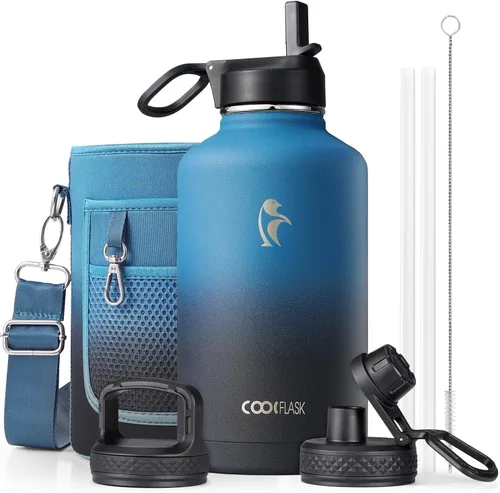 Miniatura 20 de Coolflask Botella de agua de 20 onzas aislada con pajilla, 3 tapas de metal de acero inoxidable, botella de agua de boca ancha para deportes u