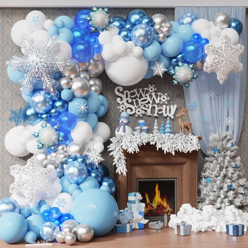 Kit de Guirnalda de Arco de 140 Globos de Hielo y Nieve, Globos de Látex Azul, Plateado y Blanco con Globo de Copo de Nieve de Aluminio Transparente