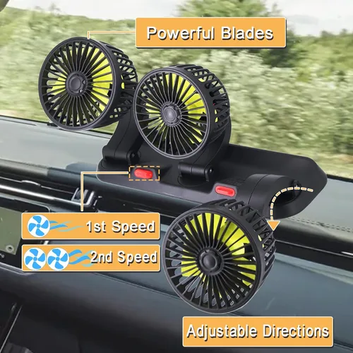 Miniatura 4 de Ventilador de triple cabezal para auto, aire acondicionado portátil para auto con rotación de 360° Enchufe para encendedor de cigarrillos para auto