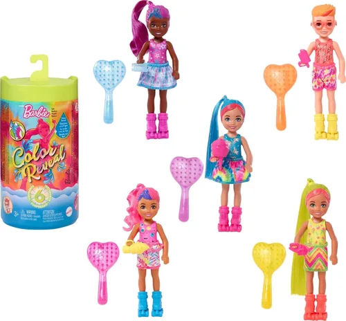 Barbie Color Reveal - Muñeca pequeña y accesorios, serie de teñido anudado neón, 6 sorpresas, 1 muñeca Chelsea (los estilos pueden variar)