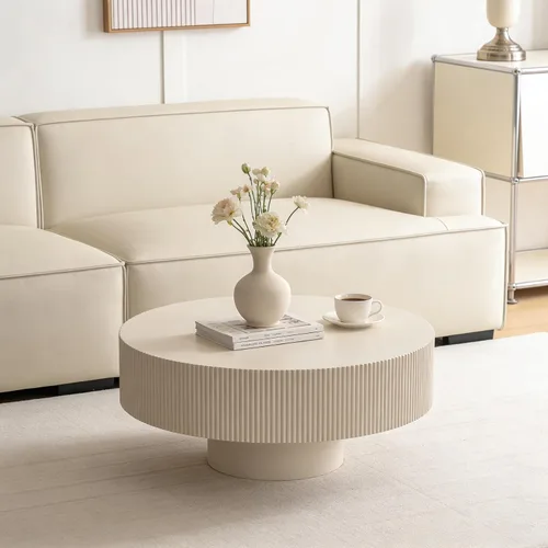 Miniatura 3 de Moderna mesa de centro redonda acanalada, mesa de centro de madera de tambor contemporáneo con base cilíndrica, mesa central circular para sala
