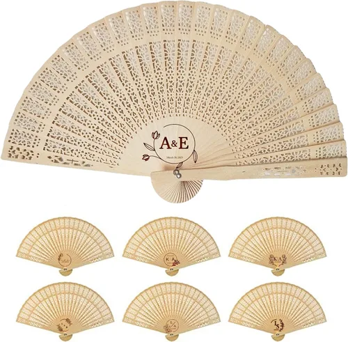 Abanico de madera de sándalo personalizado a granel para recuerdos de boda, abanicos de madera grabados para novia, despedida de soltero, ventilador