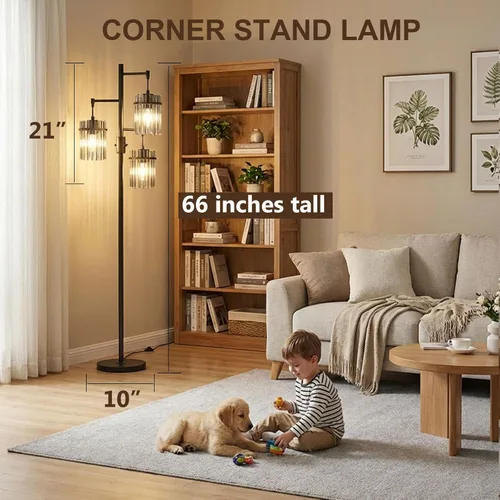 Miniatura 6 de Lámparas de Pie Industriales Modernas para Sala de Estar, Lámparas Altas de Pie de Árbol de Cristal Regulables con 3 Elegantes Cabezales de Jaula