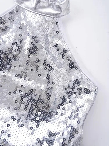 Miniatura 26 de CHICTRY Vestido tutú de ballet con lentejuelas brillantes para niñas y niñas, moderno disfraz de baile latino de jazz