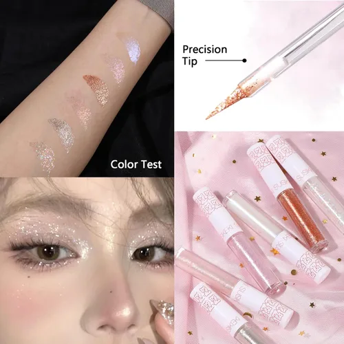 Miniatura 2 de 6 piezas de delineador de ojos con purpurina líquida, maquillaje coreano, sombra de ojos brillo bajo, maquillaje de ojos brillante para San