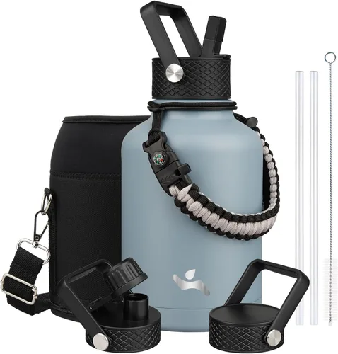 Miniatura 111 de Konokyo - Botella de agua aislada de 18 onzas, botellas deportivas de acero inoxidable con 3 tapas, verde militar