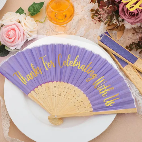 Miniatura 6 de Tatuo 100 abanicos de mano de boda para invitados, ventilador plegable de mano a granel con bolsa de organza, gracias por celebrar con nosotros