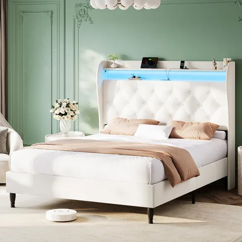 Miniatura 12 de Base de cama tamaño King con cabecera alta, base de cama tapizada con estación de carga y luces LED, moderna cabecera de almacenamiento con respaldo