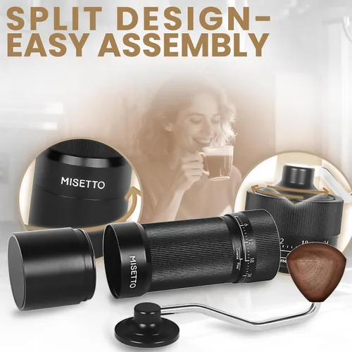 Miniatura 4 de MISETTO Molinillo de café manual con rebaba cónica de acero inoxidable CNC, ajuste externo ajustable, posicionamiento de doble rodamiento, café
