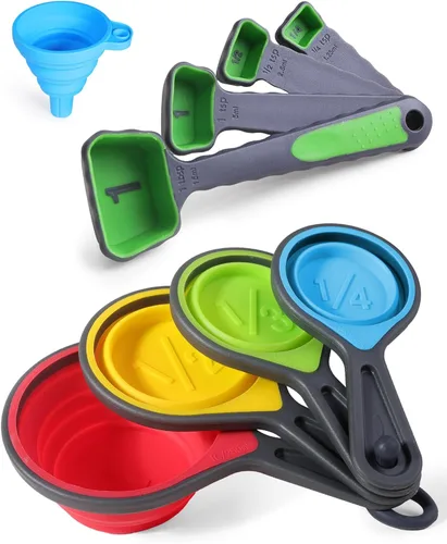 Miniatura 9 de Juego de tazas y cucharas medidoras, Tazas medidoras plegables, 8 piezas, Medidor plegable grabado con marcas métricas/imperiales para medición