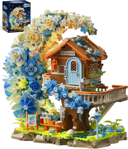 Blue Moon - Juego de construcción de casa de flores con luz, colección botánica, kit de bloques de construcción de casa del árbol, compatible con