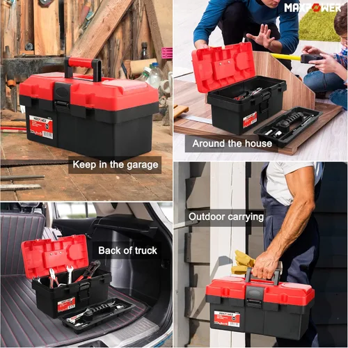 Miniatura 5 de MAXPOWER - Caja de herramientas pequeña de 14 pulgadas, con asa, bandeja extraíble con doble bloqueo de seguridad, caja de herramientas de plástico