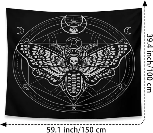 Miniatura 6 de SPXUBZ Tapiz de pared de Halloween, polilla, cabeza muerta, círculo místico, símbolo esotérico, geometría sagrada, signo de la luna, decoración