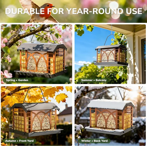 Miniatura 8 de Comederos para pájaros para colgar al aire libre, comedero de metal para pájaros con doble jaula de sebo resistente a la intemperie, techo de metal