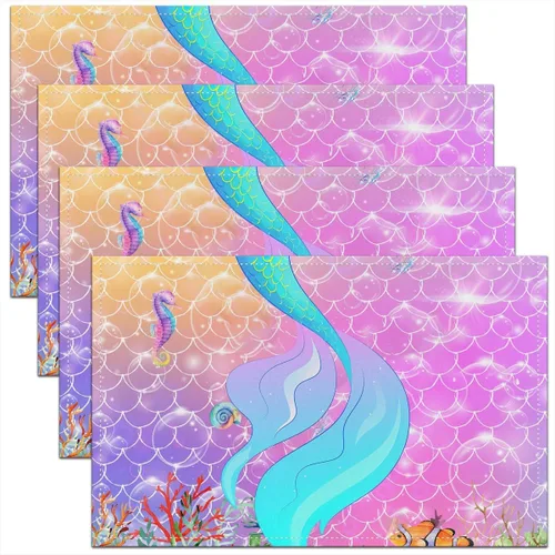 Juego de 4 manteles individuales con diseño de escamas de sirena, colores degradados, arcoíris, decoración de ensueño, para niños, niñas,