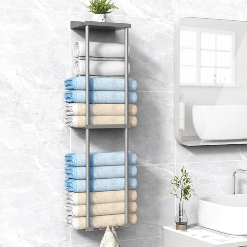 Miniatura 12 de Liuoud Toallero para Baño, Organizador Portador de Almacenamiento de Toallas Enrolladas Vertical Montado en la Pared con Estante, Sostiene Hasta 6