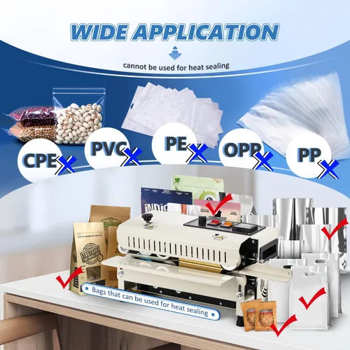 Miniatura 3 de Máquina selladora térmica comercial, sellador automático de banda continua, temperatura y velocidad ajustable, máquina de sellado horizontal de Beige