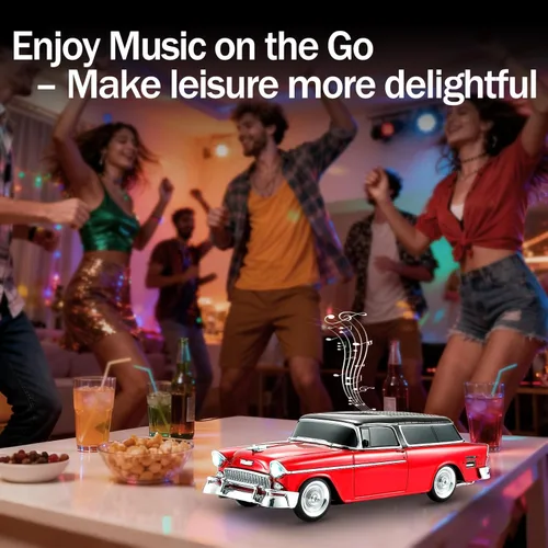 Miniatura 5 de Altavoz Bluetooth retro clásico modelo de automóvil con luz ambiental LED, emparejamiento estéreo TWS, ruedas móviles, sonido HD, altavoz Rojo
