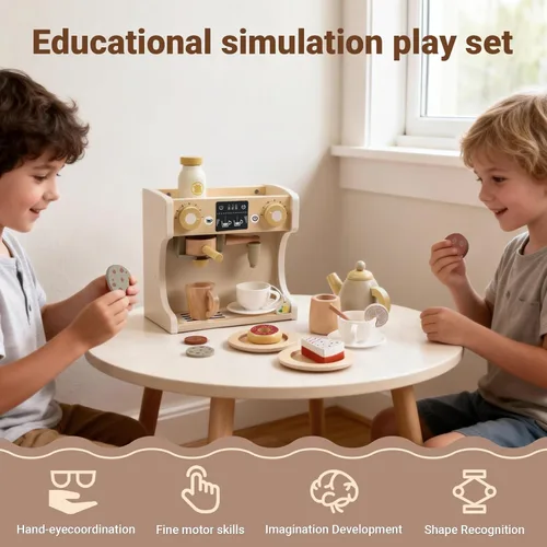 Miniatura 5 de Freniland Juego de cafetera de madera para niños pequeños, máquina de espresso de lujo con accesorios, juguete de cocina Montessori para niños a