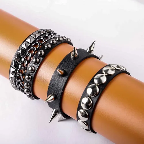 Miniatura 5 de MILAKOO 3 unids hombres tachonado brazalete remaches pulsera cuero remaches pulsera