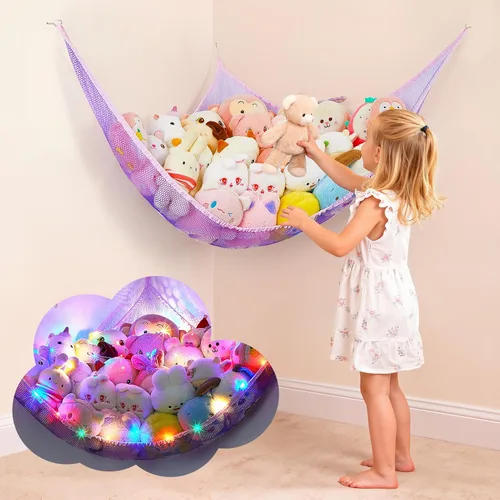 Miniatura 15 de Basumee Hamaca de animales de peluche con luz LED, organizador de red de juguetes de peluche, organizador de esquina para almacenamiento de animales