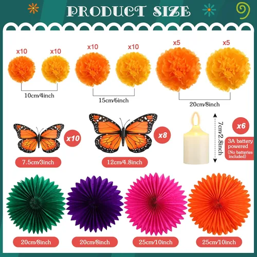Miniatura 3 de Newwiee Juego de 82 velas LED de papel sin llama, abanico de flores de caléndula, diseño de mariposa monarca, papel picado, mantel desechable