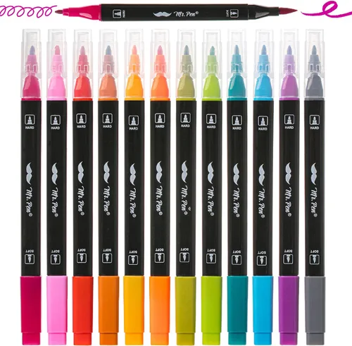 Mr. Pen - Bolígrafos de doble punta con pincel, 12 piezas, colores vibrantes | Rotulador de punta fina y brocha, marcadores de doble punta,