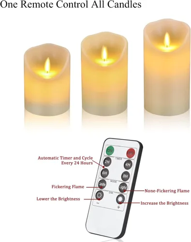 Miniatura 5 de antizer Velas LED sin llama de 4, 5, 6 pulgadas, juego de 3 pilares de cera real sin goteo que incluye llamas realistas y control remoto de 10