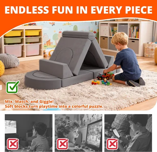 Miniatura 3 de Fvkind Sofá modular de juego para niños, 16 piezas, sofá de construcción para sala de juegos y dormitorio, sofá modular de juegos para niños y gris