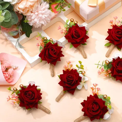 Miniatura 6 de Sherr Juego de 24 boutonniere burdeos para hombre, diseño de rosa para boda, bolsillo con alfileres, para novio, padrinos de boda, ramillete, traje