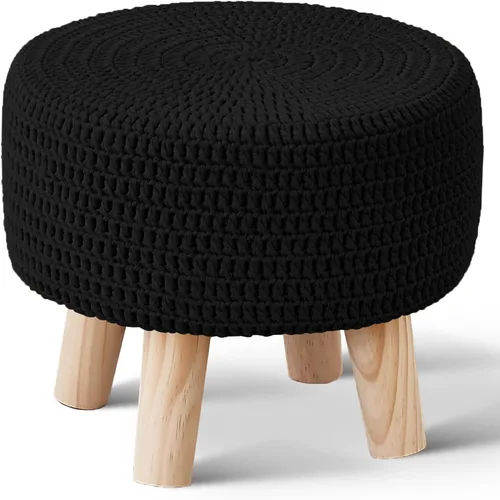 Miniatura 11 de Wimarsbon Puf otomano, taburete bohemio de punto 100% algodón, reposapiés redondo con patas de madera antideslizantes, decoración del hogar, puf
