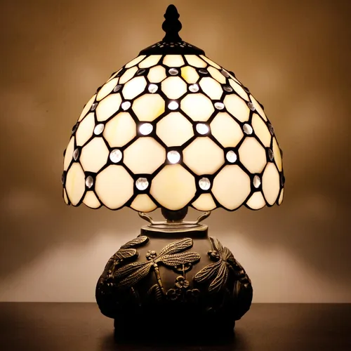 Lámpara Tiffany Pequeña Mini Lámpara de Mesa de Vidrio Teñido Perlas Crema Estilo Seta Luz de Escritorio Lámpara de Memoria Simpatía 8X11 Pulgadas