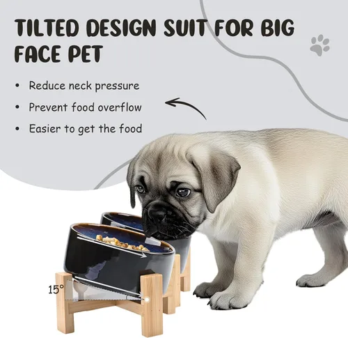 Miniatura 2 de SPUNKYJUNKY Cuenco de cerámica inclinado de 15° para perros y gatos con soporte de madera, cuenco inclinado para comida y agua para bulldog Azul