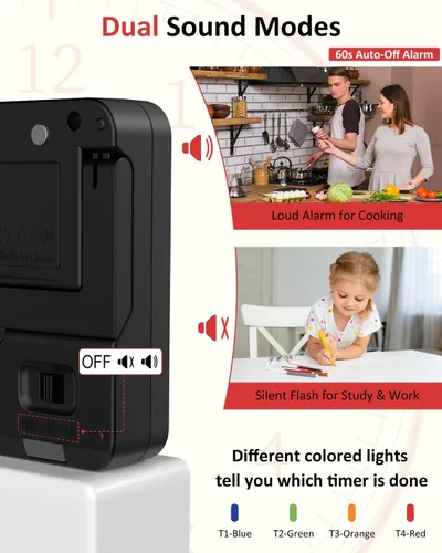 Miniatura 5 de Temporizador digital de cocina para cocinar, temporizador de cuenta regresiva de 4 canales con alarma fuerte y modo silencioso, pantalla grande