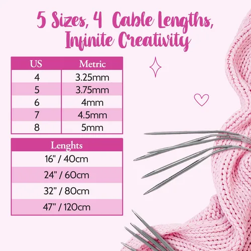 Miniatura 3 de KnitPal Juego de 5 agujas de tejer circulares de 16 pulgadas Acero inoxidable con cables lisos Tamaños de EE. UU. 4 – 8 (0.128–0.197 in)