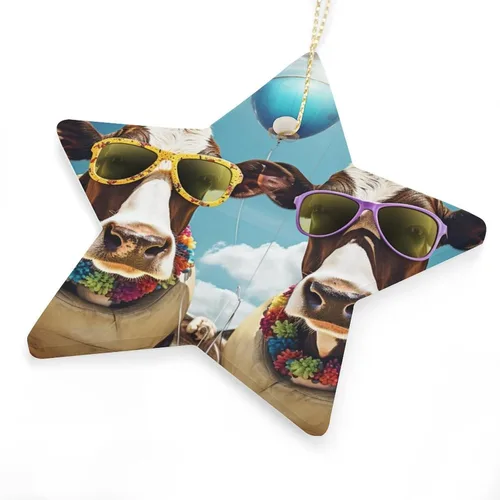 Miniatura 6 de Adorno de vacas en gafas de sol de porcelana de doble cara de 3 pulgadas, casa de campo, árbol de Navidad, accesorios para colgar, adorno de regalo