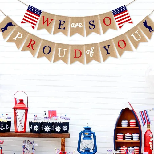 Miniatura 8 de Decoraciones para fiesta del Día de los Veteranos, bandera estadounidense con la frase "We Are so Proud of You", con soldados patrióticos, Día