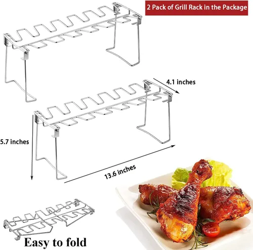 Miniatura 4 de Triceratops 2 paquetes de rejilla para parrilla, estante para patas y alas de pollo, soporte de asador de acero inoxidable con 14 ranuras