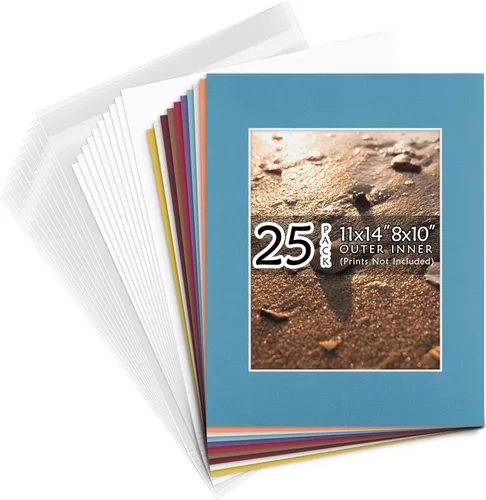 Golden State Art, Paquete de 25 tapetes de fotos de varios colores de 11 x 14 pulgadas con núcleo blanco corte biselado para fotos de 8 x 10 + Mezcla