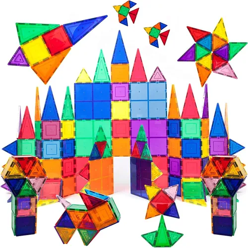 PicassoTiles Magnet Tiles 42 piezas + 100 piezas de azulejos + 4 figuras de acción familiar, aprendizaje STEM de ingeniería magnética, bloques de