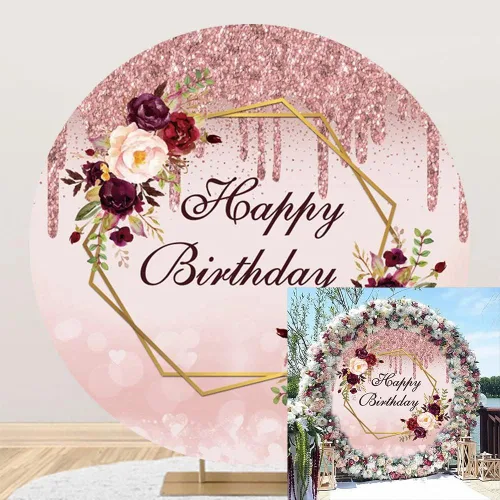 Fondo redondo de feliz cumpleaños de 7.5 x 7.5 pies, fondo de fotos de color burdeos, color oro rosa, para mujeres, damas, niñas, 16, 30, 40, 50,