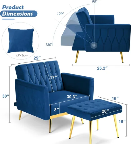 Miniatura 3 de Silla decorativa de terciopelo con respaldo y reposabrazos ajustables, sillón reclinable individual con otomana y patas mentales doradas para sala