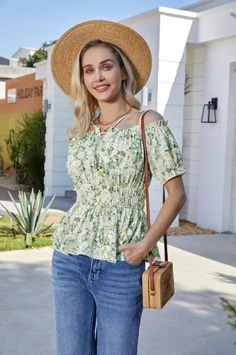 Miniatura 9 de GRACE KARIN Peplum Tops para mujer, blusas de gasa de manga corta abombada, blusas de hombros descubiertos, camisa de verano, babydoll
