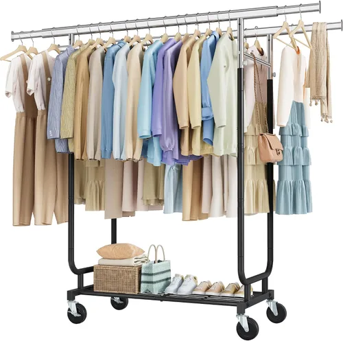 Miniatura 16 de Hoctieon Perchero de montaje de 1 minuto, 480 libras, percheros de ropa rodantes resistentes con ruedas, perchero plegable para ropa, barra Plata