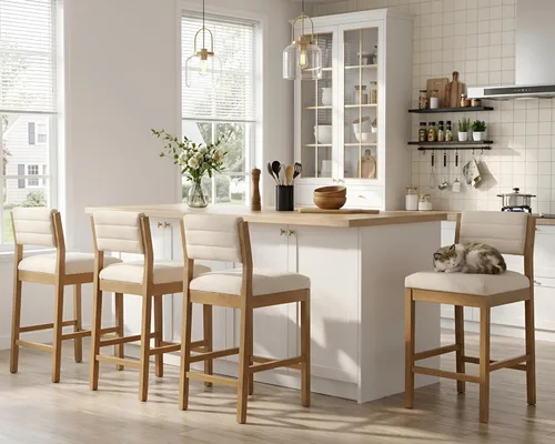 Miniatura 7 de HNY 26.5 Inches Counter Height Single Bar Stool, Beige Linen Upholstered Counter Stool with Back, Solid Wood Legs and Footrest, Farmhouse Wooden